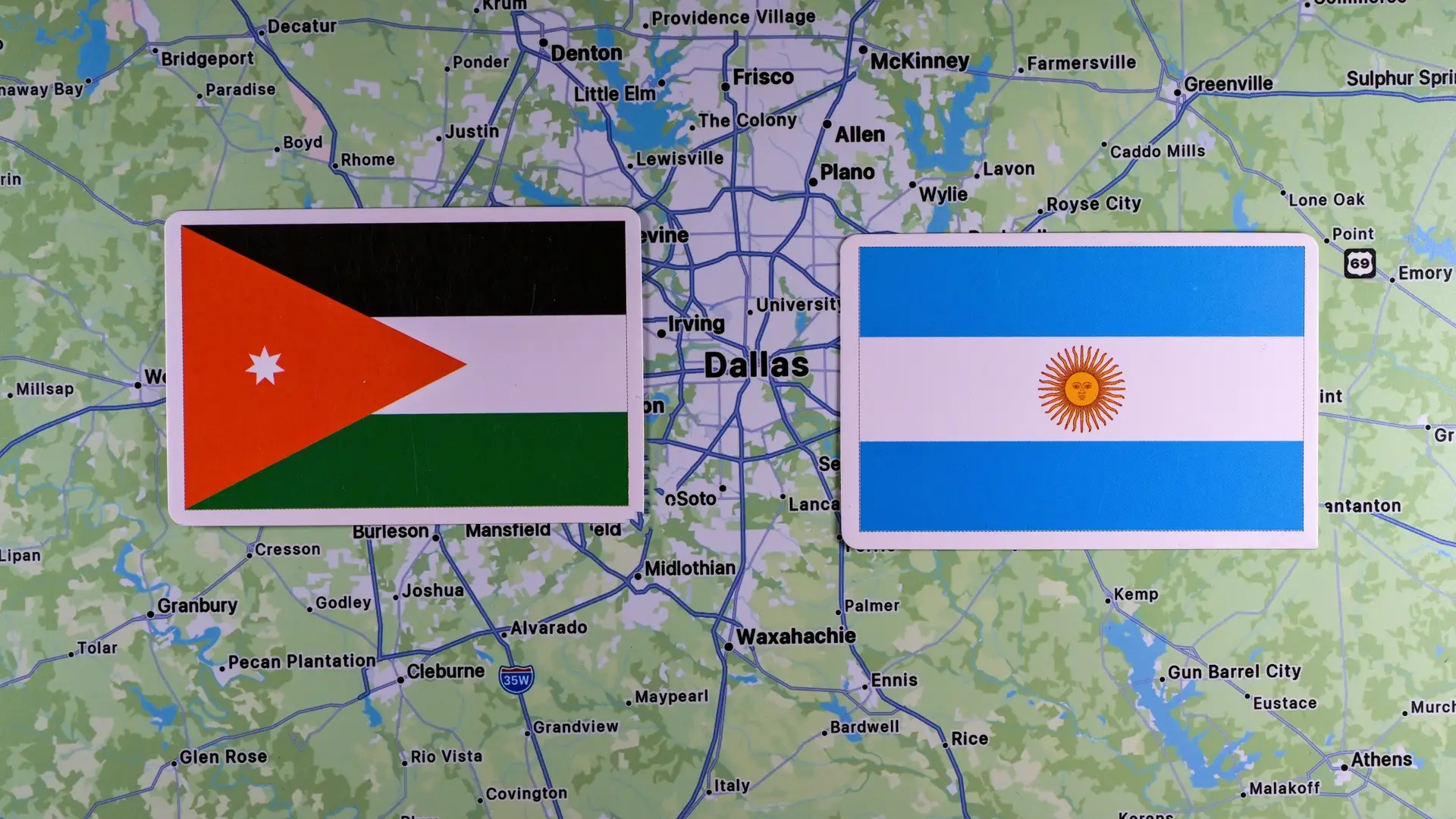 Jordan vs Argentina in Dallas/North Texas at the 2026 World Cup, with both national flags over a match map.
