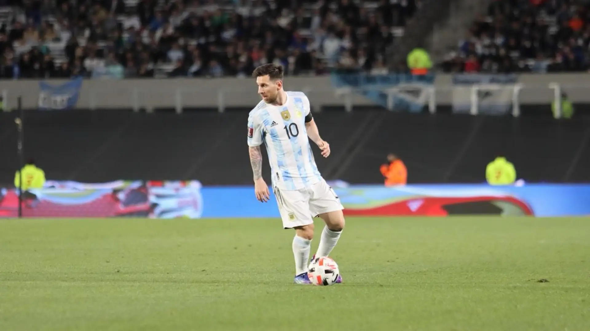 Lionel Messi controls the ball for Argentina during a World Cup match