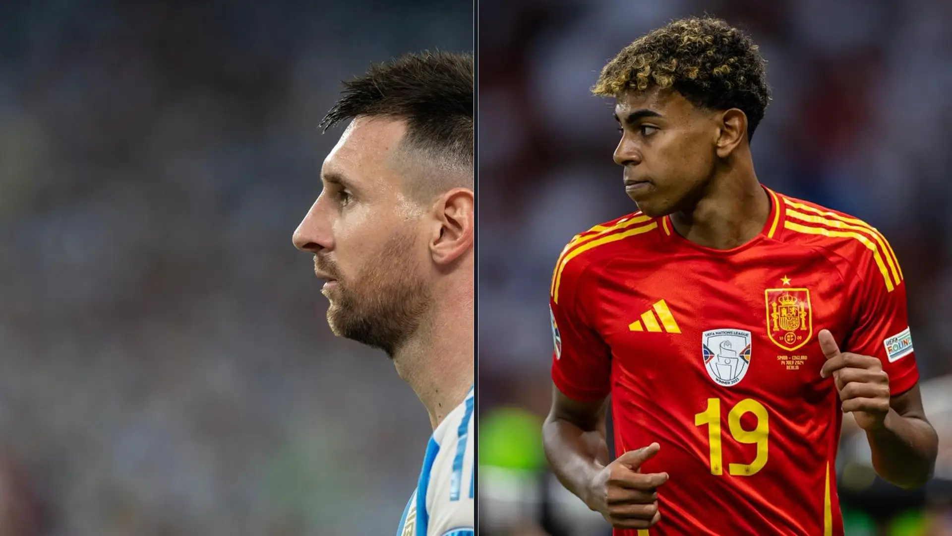Lionel Messi of Argentina and Lamine Yamal of Spain in a split-image World Cup final preview