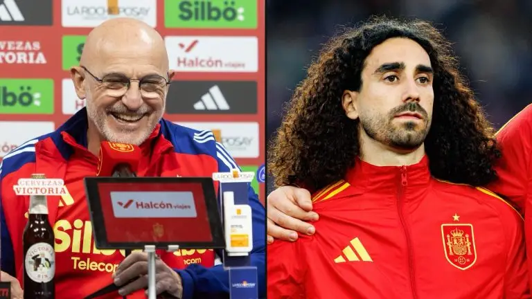 Luis de la Fuente and Marc Cucurella in a side-by-side Spain coaching collage