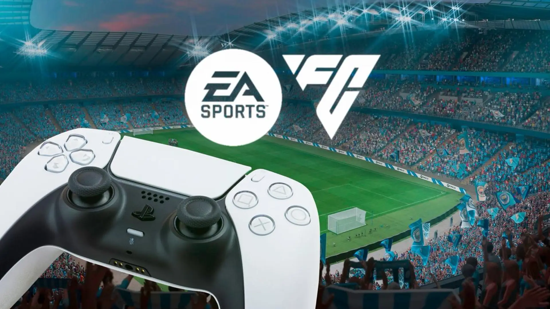 EA Sports FC logo above a PlayStation controller inside a packed football stadium.