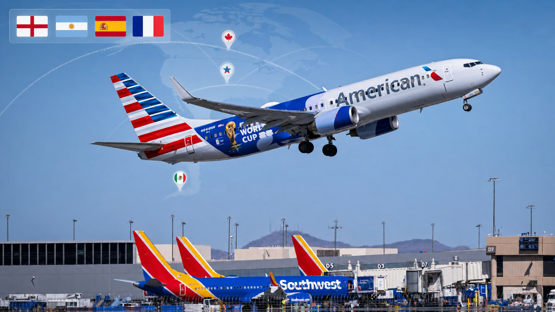 World Cup aircraft with England, Argentina, Spain and France flags and travel routes across Canada, the United States and Mexico