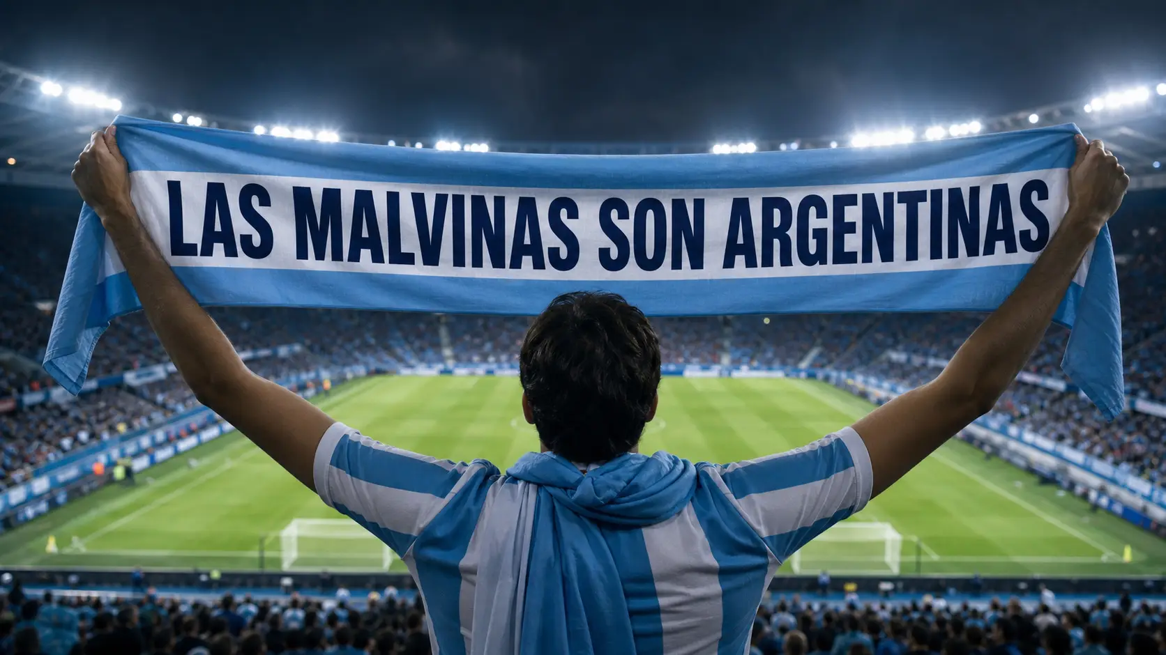 Representative image of an Argentina supporter holding a Las Malvinas son Argentinas banner in a football stadium