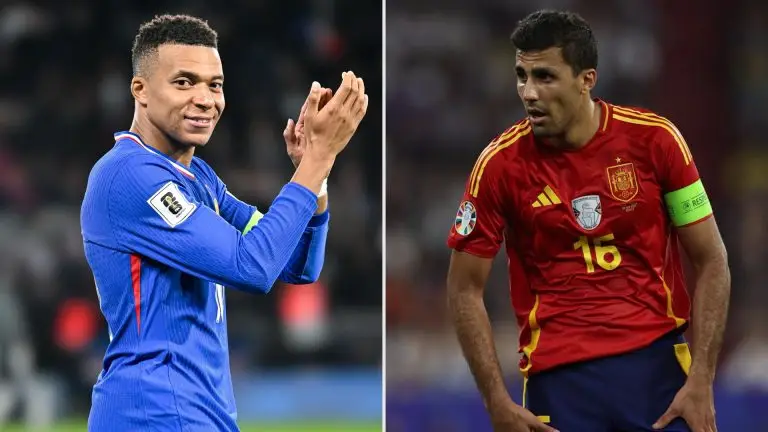 Kylian Mbappé of France and Rodri of Spain ahead of their World Cup semifinal