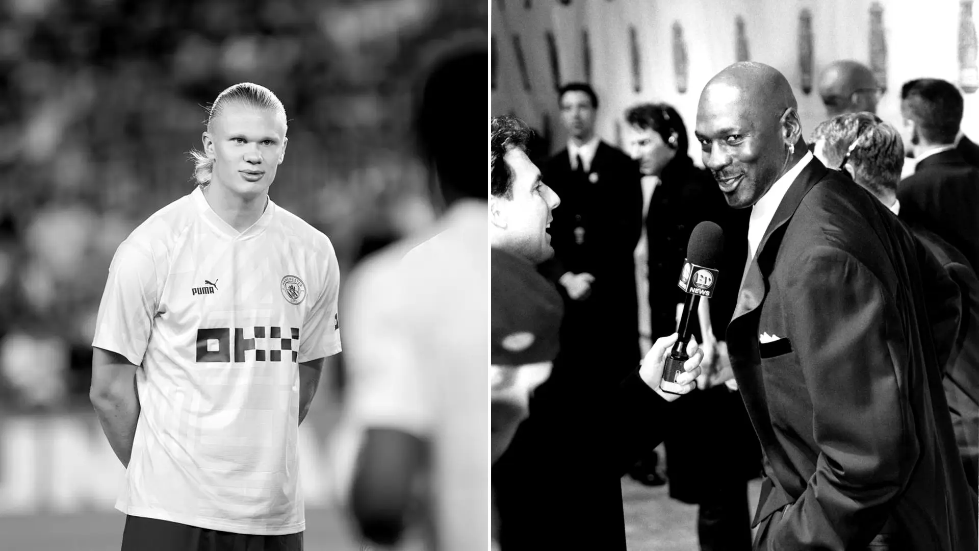 Black-and-white split image of Erling Haaland on the field and Michael Jordan during an interview.