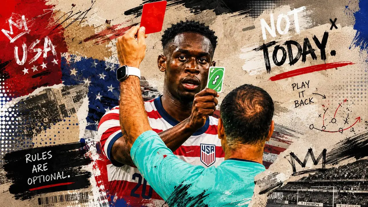 Folarin Balogun in a United States shirt with a referee showing a red card in a stylized World Cup graphic.