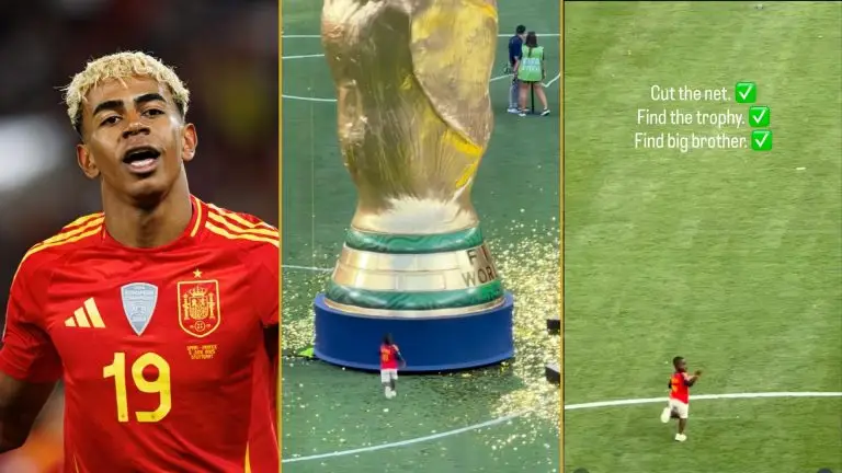 Keyne crosses the field toward Lamine Yamal during Spain’s 2026 World Cup final celebration.