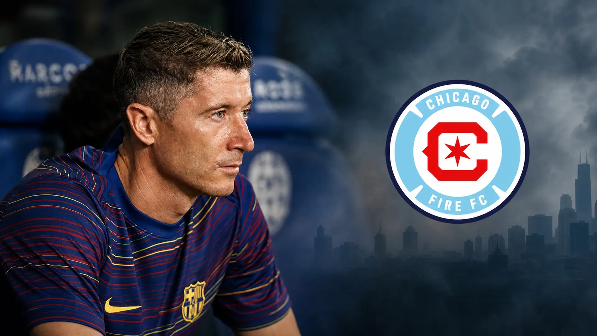 Editorial composite of Robert Lewandowski, the Chicago Fire FC crest and wildfire smoke over Chicago