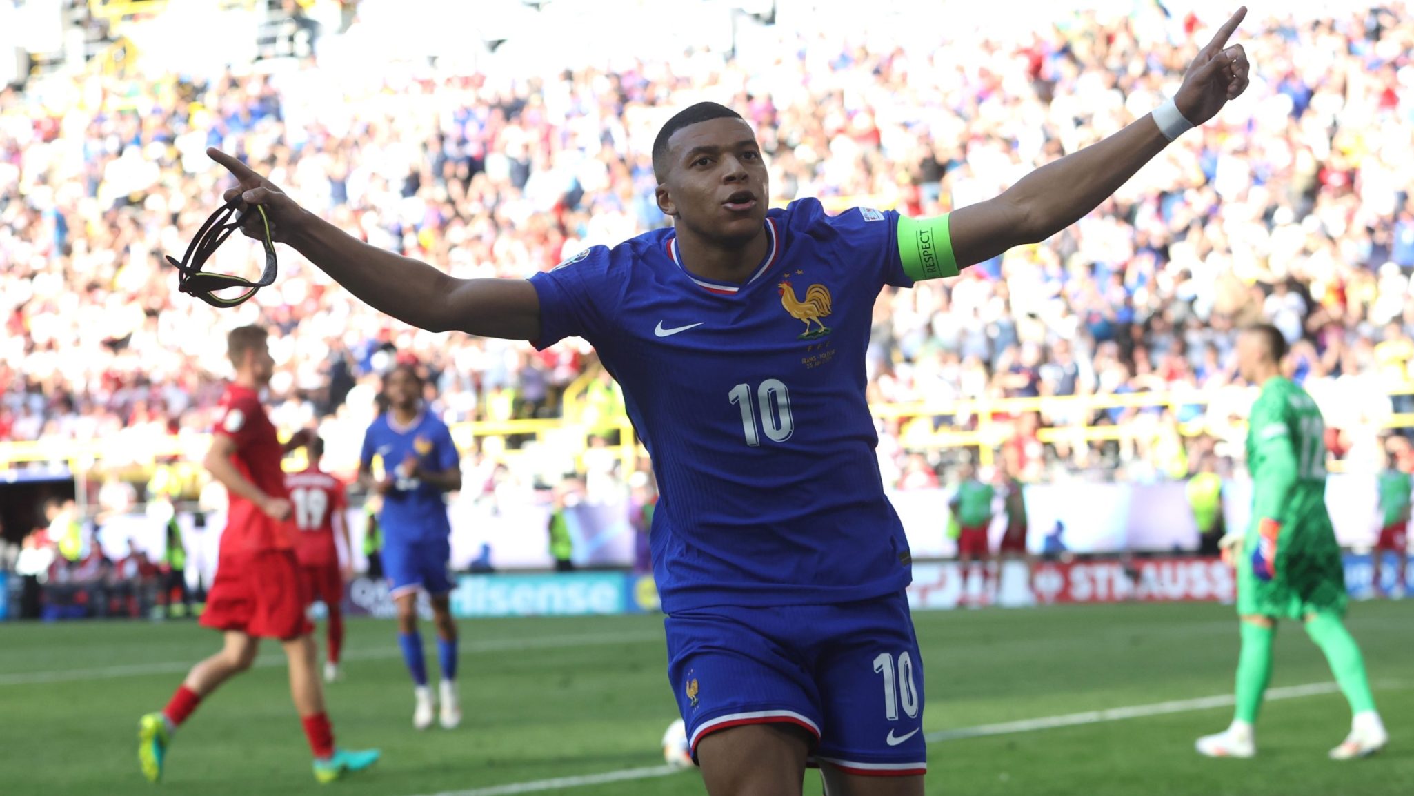 Kylian Mbappé celebrates in a France jersey during Euro 2024