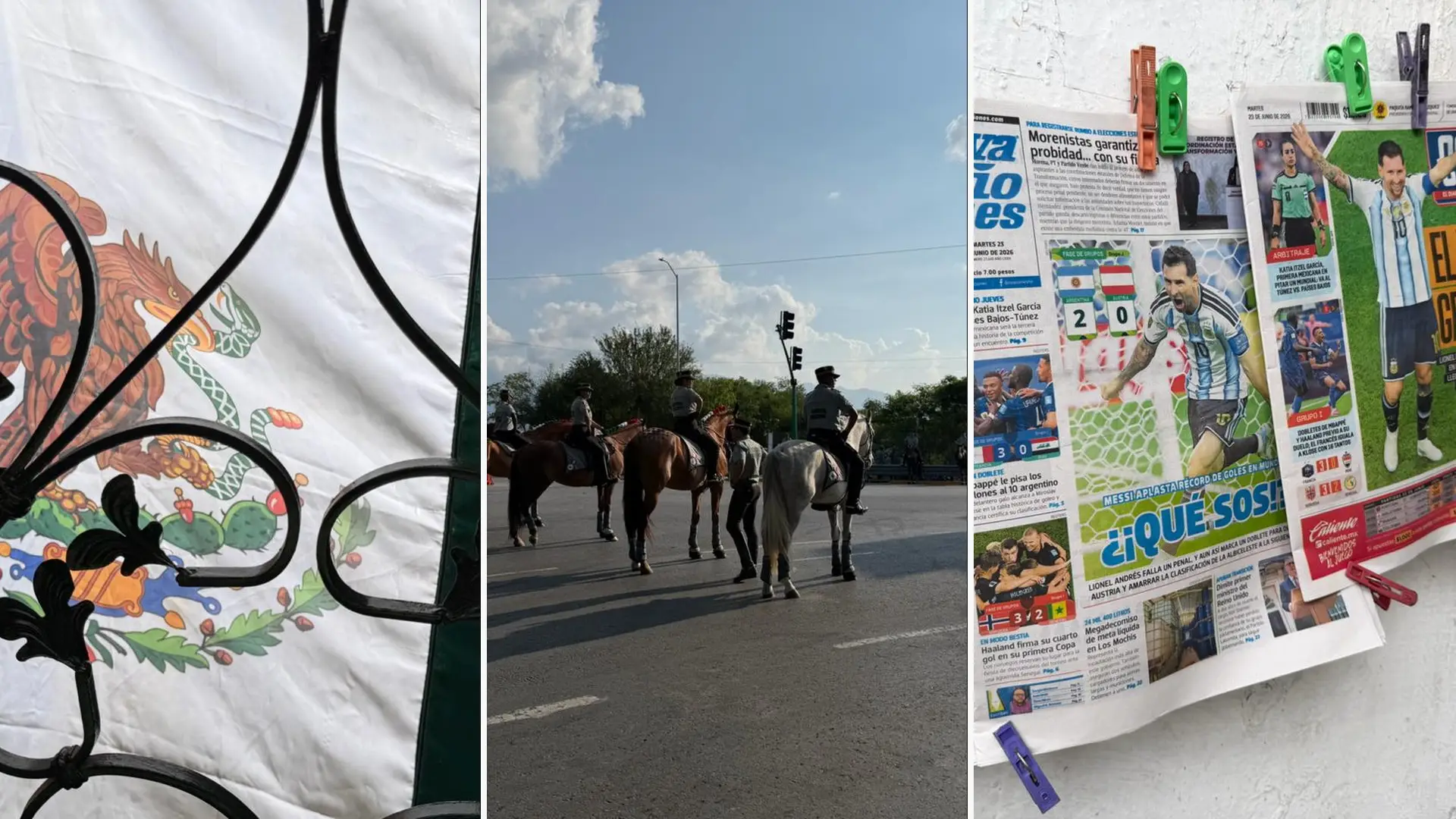 Three views of Mexico during the World Cup: the national flag, mounted police and tournament newspaper coverage