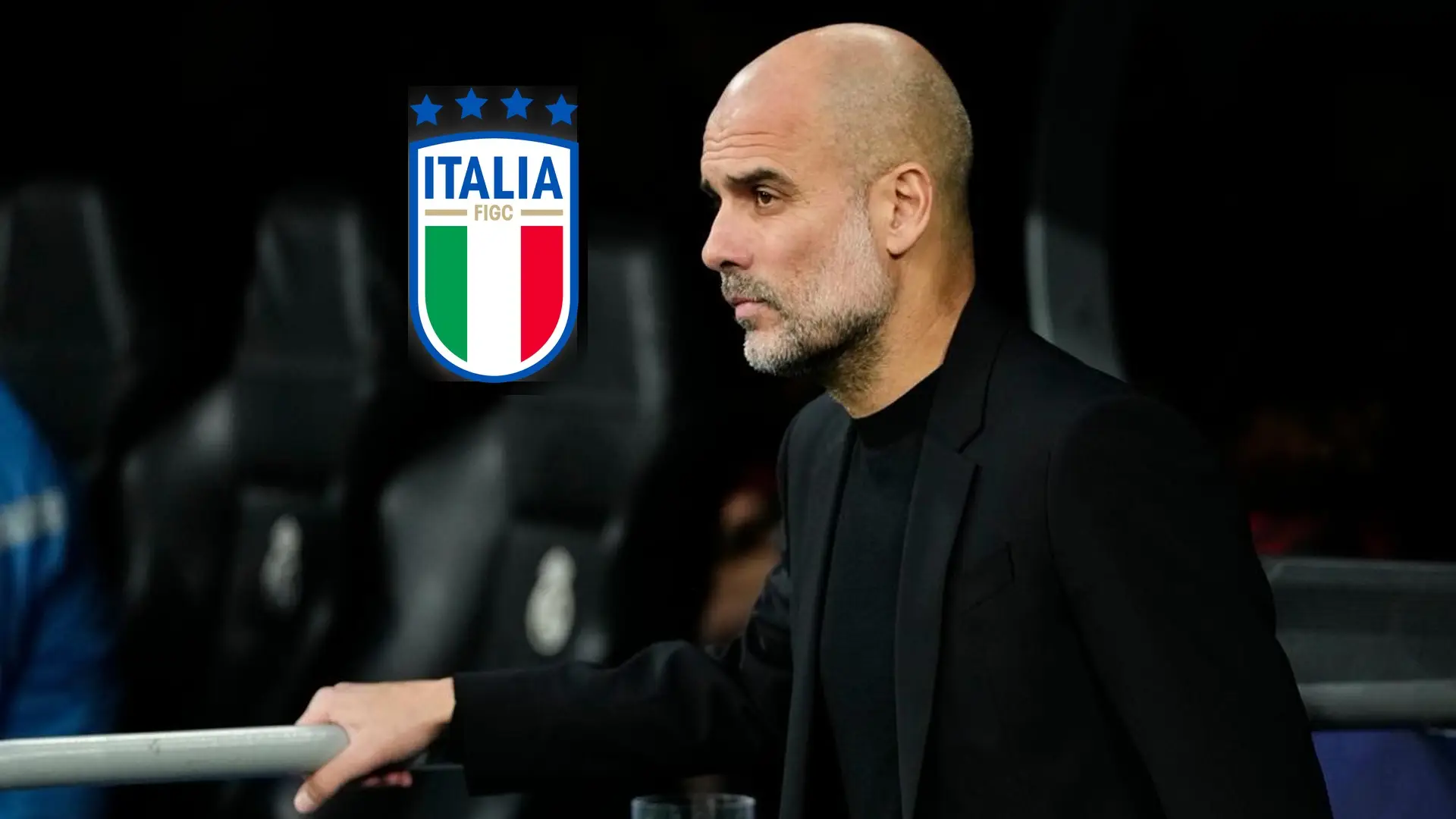 Pep Guardiola beside the Italy national football team crest