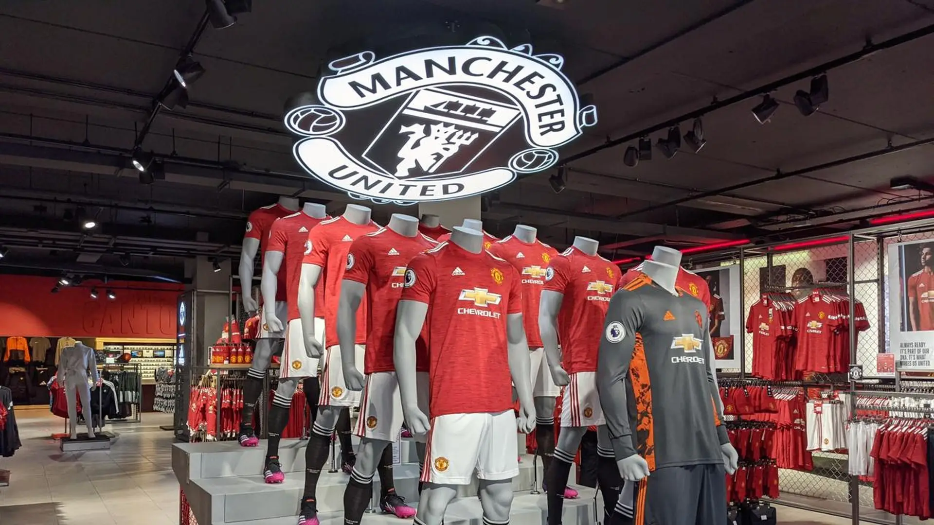 Manchester United shirts displayed inside the club’s retail store