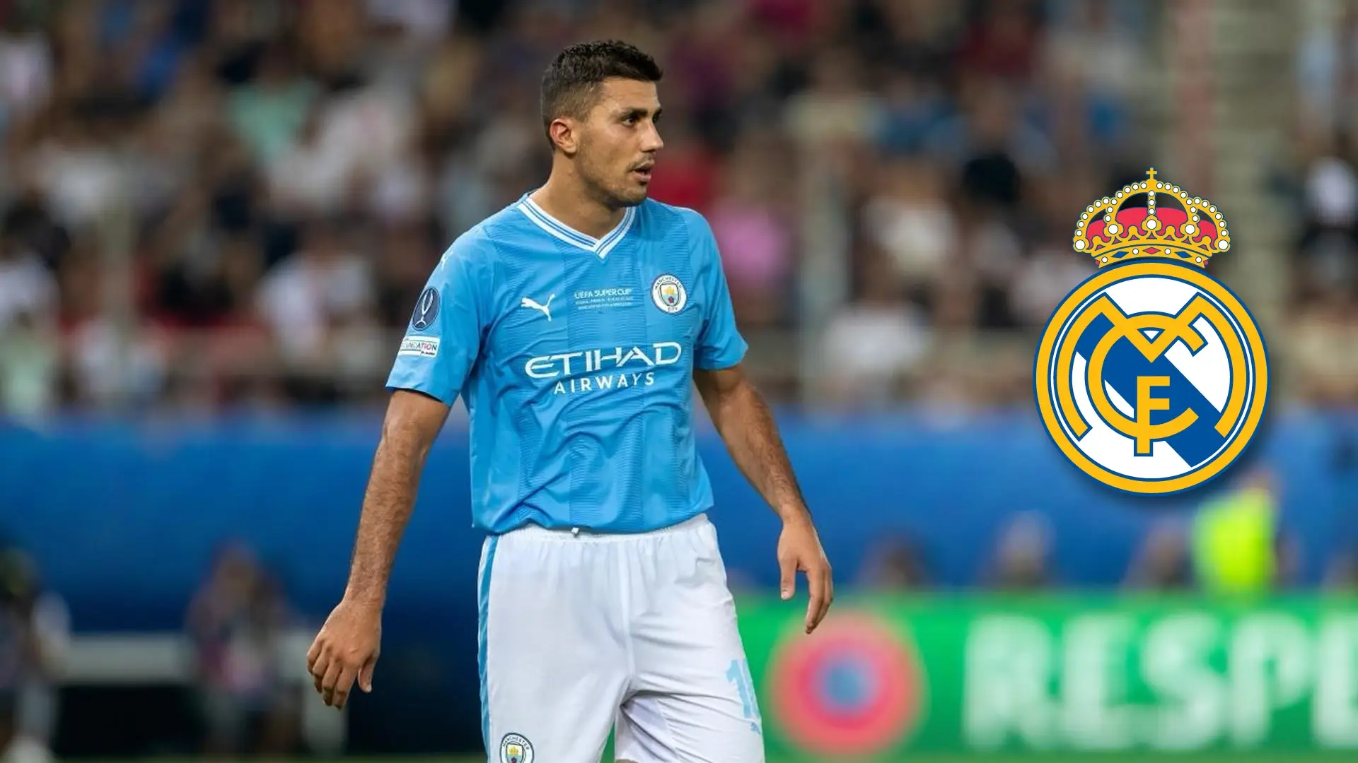 Rodri in a Manchester City kit beside the Real Madrid crest