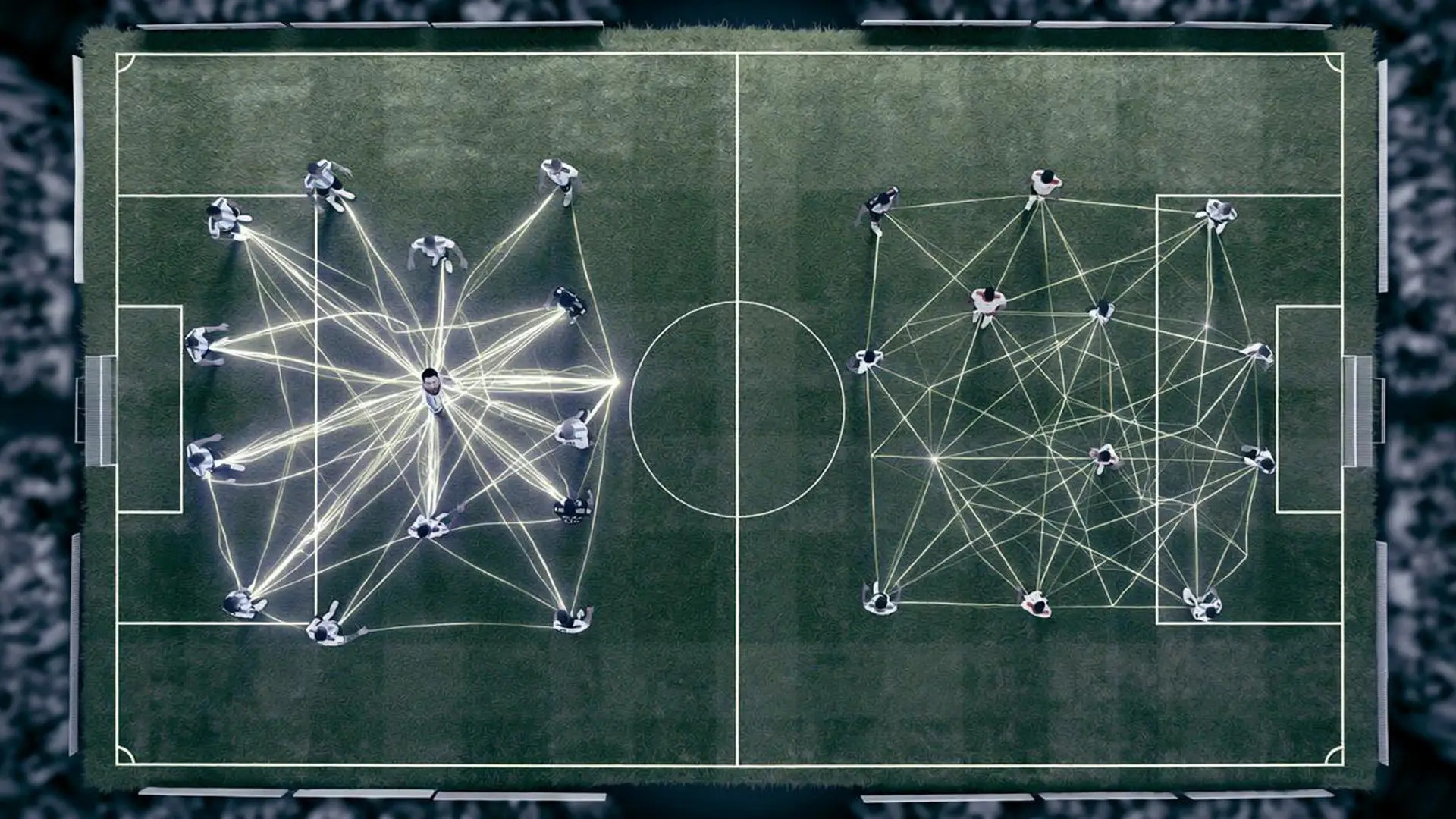 Overhead football pitch showing Argentina organized around Lionel Messi and Spain connected through a distributed passing network