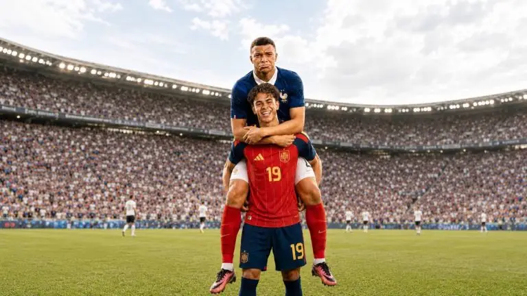 Kylian Mbappé rides on Lamine Yamal's shoulders in a stadium scene