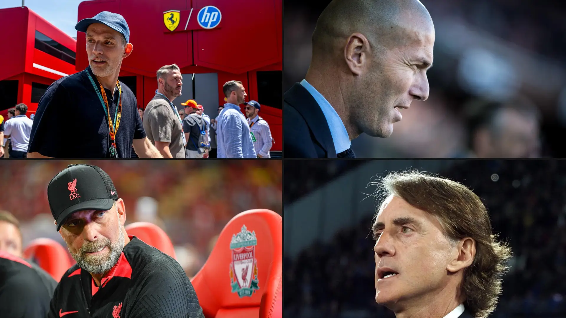 Thomas Tuchel, Zinédine Zidane, Jürgen Klopp and Roberto Mancini in a four-image coaching collage