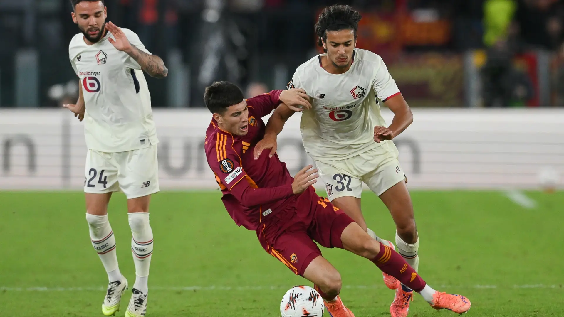 Ayyoub Bouaddi in action for Lille against Roma