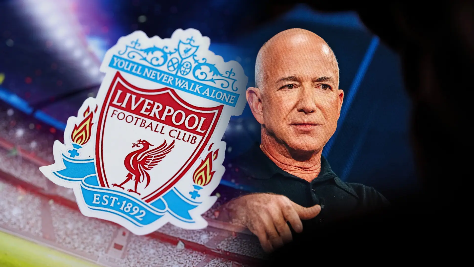 Editorial composite of Jeff Bezos and Liverpool FC crests