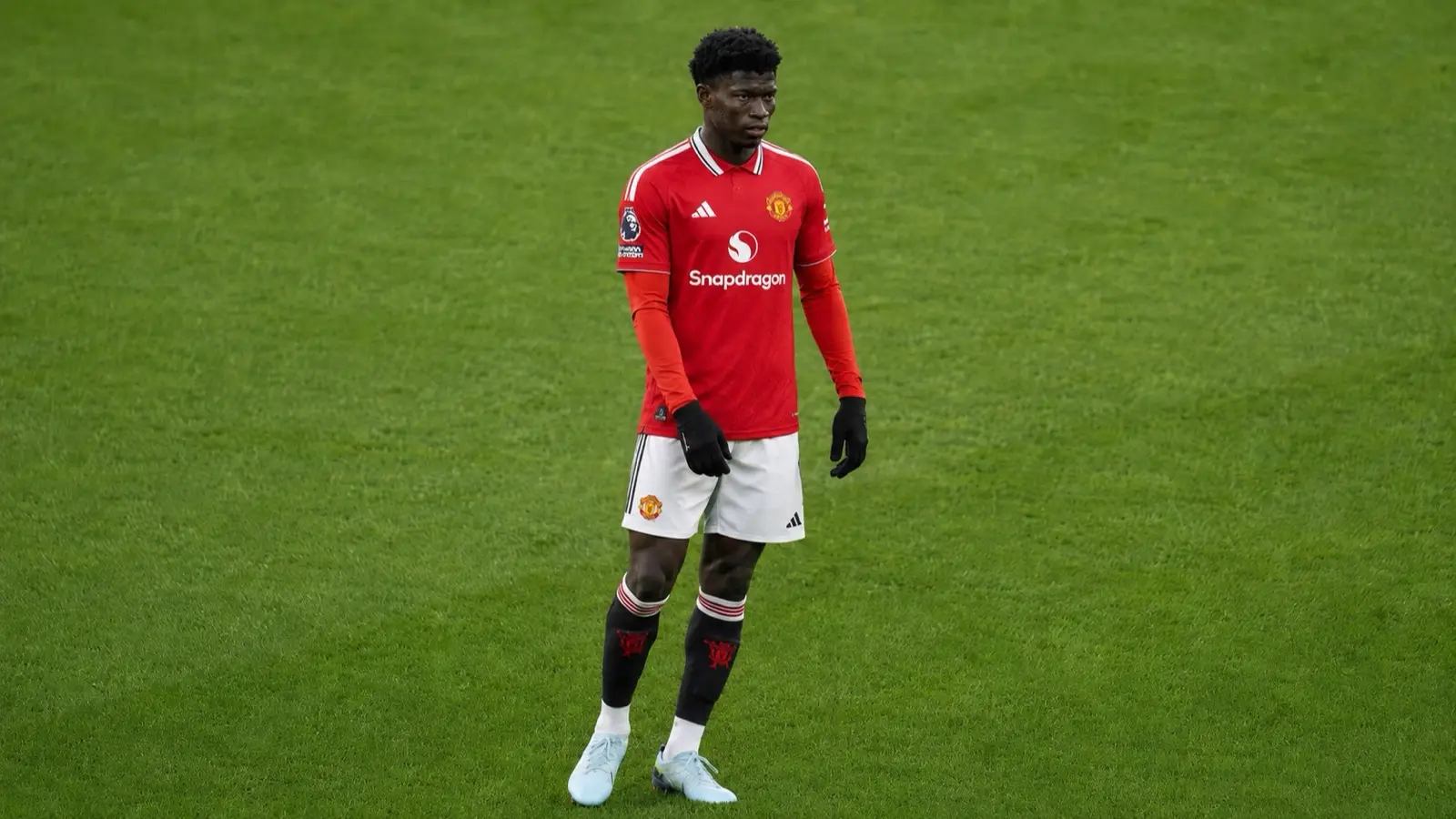 Carlos Baleba in a Manchester United kit on the pitch