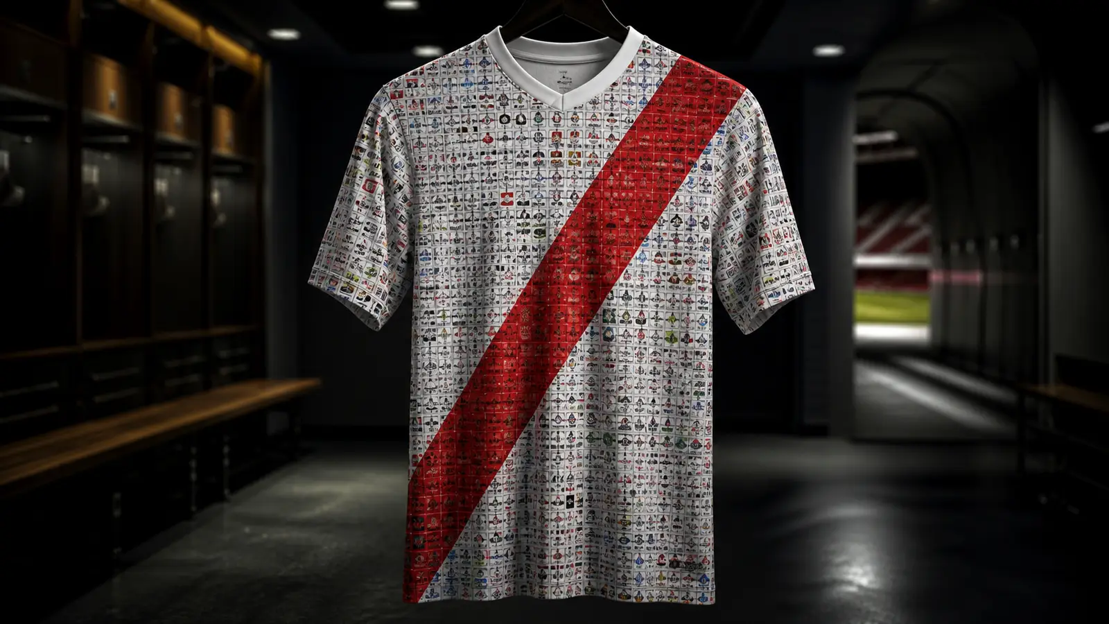 Conceptual white football shirt with a red sash covered in hundreds of small sponsor marks