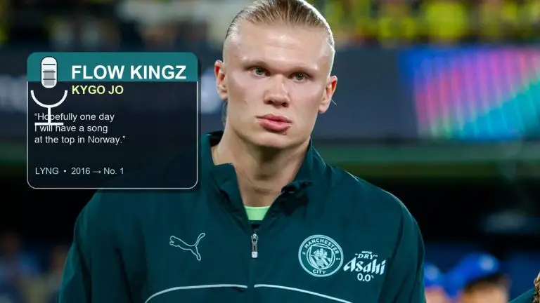 Erling Haaland in a Manchester City jacket with a microphone and rap-lyrics inset graphic.