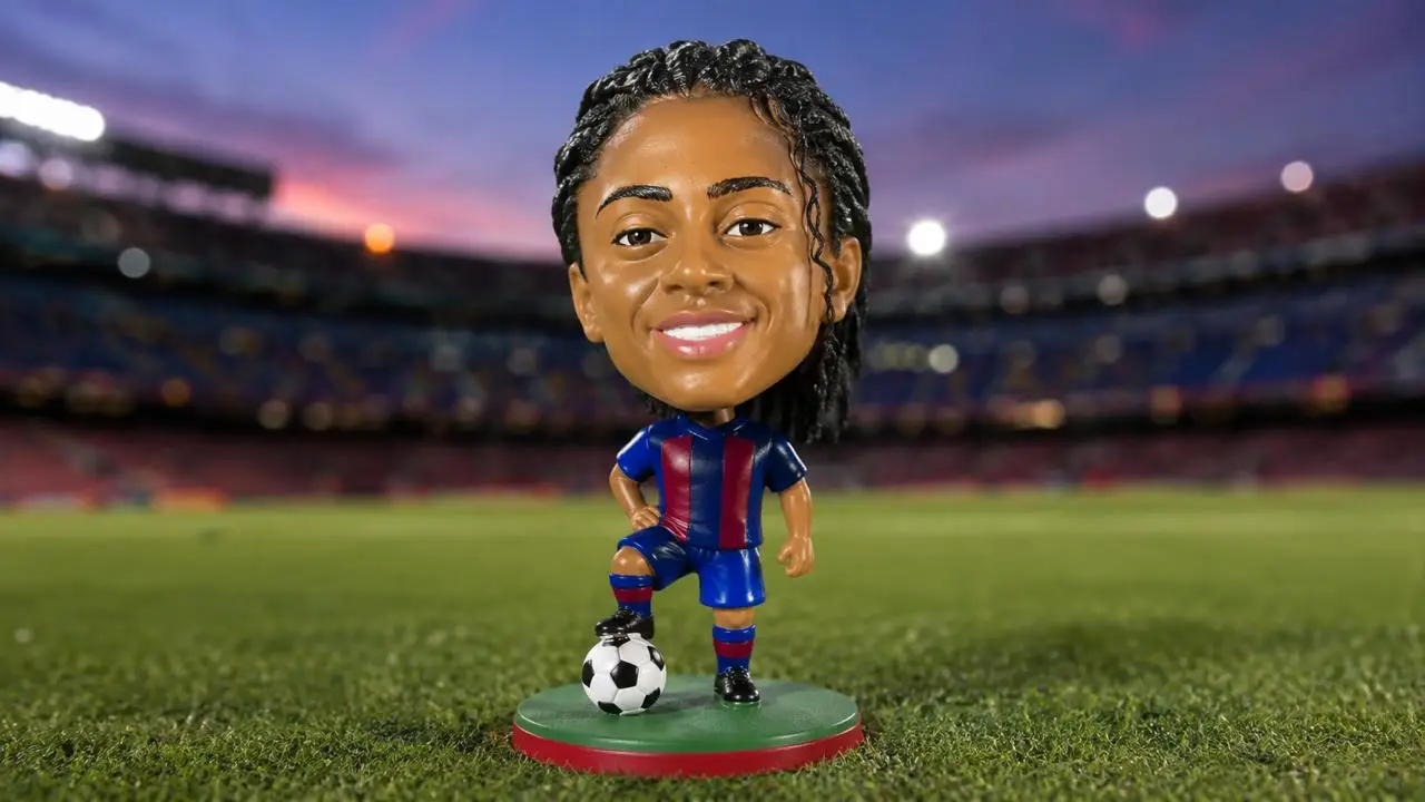 Kerolin Nicoli in a Barcelona shirt beside the Barcelona crest