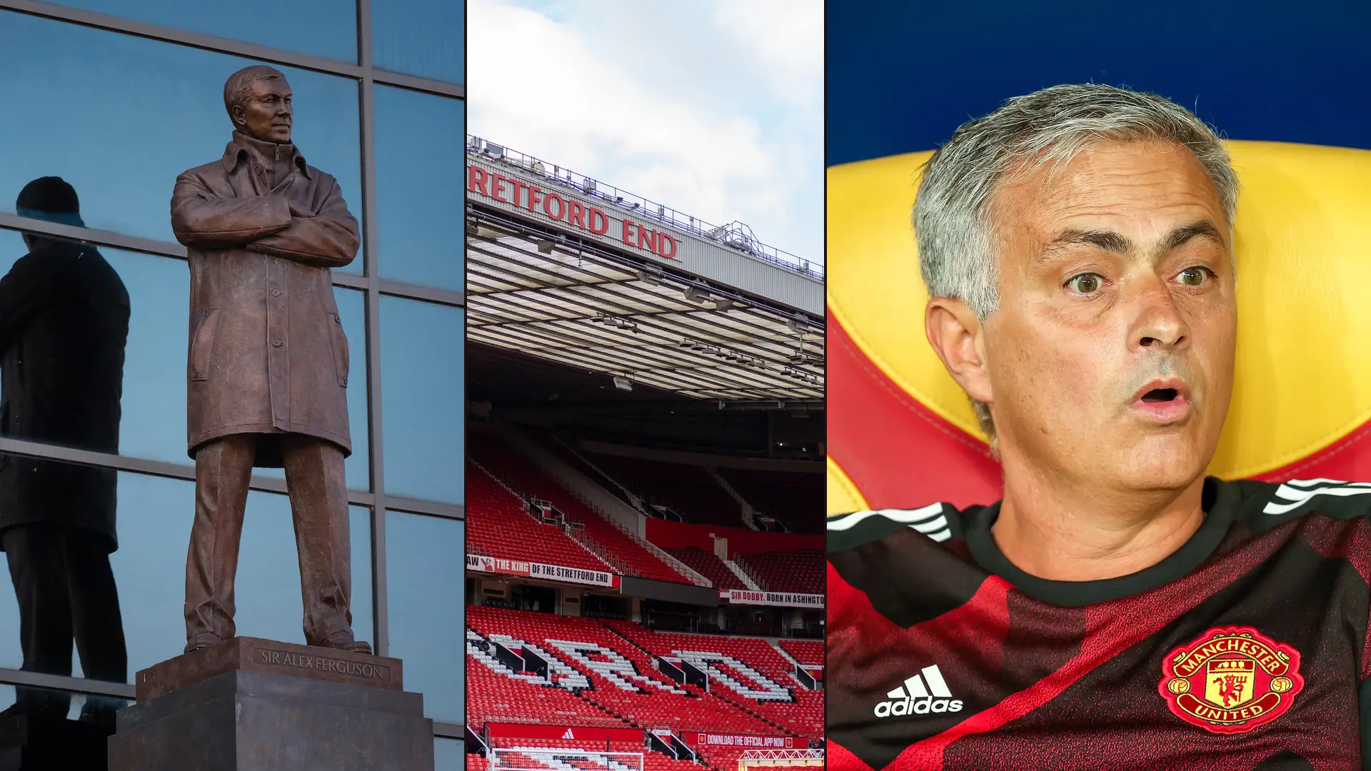 José Mourinho beside Sir Alex Ferguson's statue and the Stretford End at Old Trafford