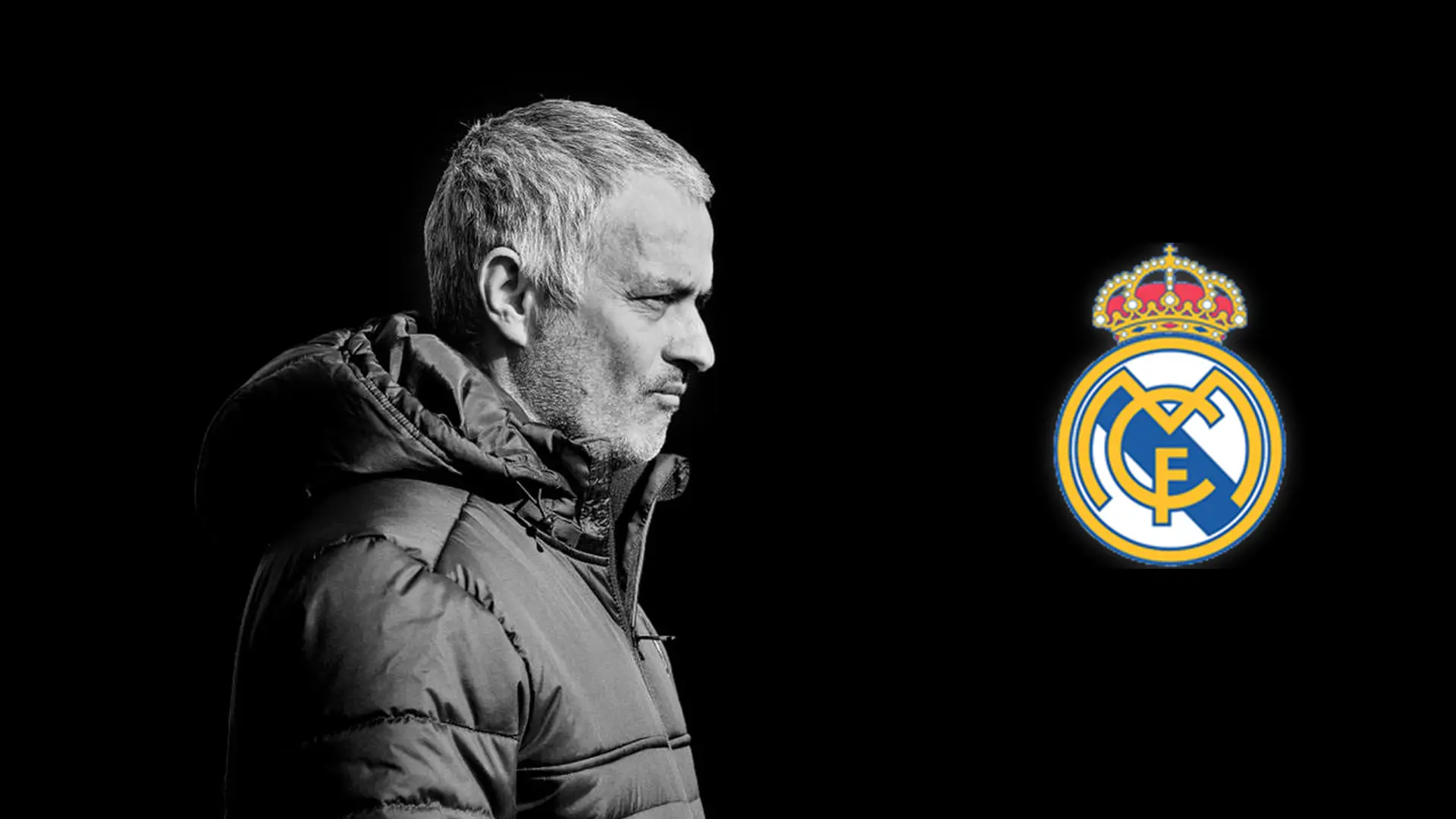 José Mourinho pictured beside the Real Madrid crest