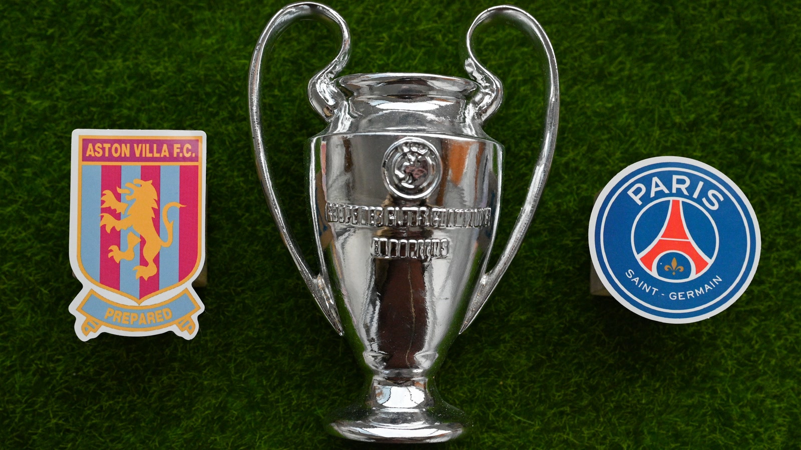 Aston Villa and Paris Saint-Germain crests beside the European Cup trophy