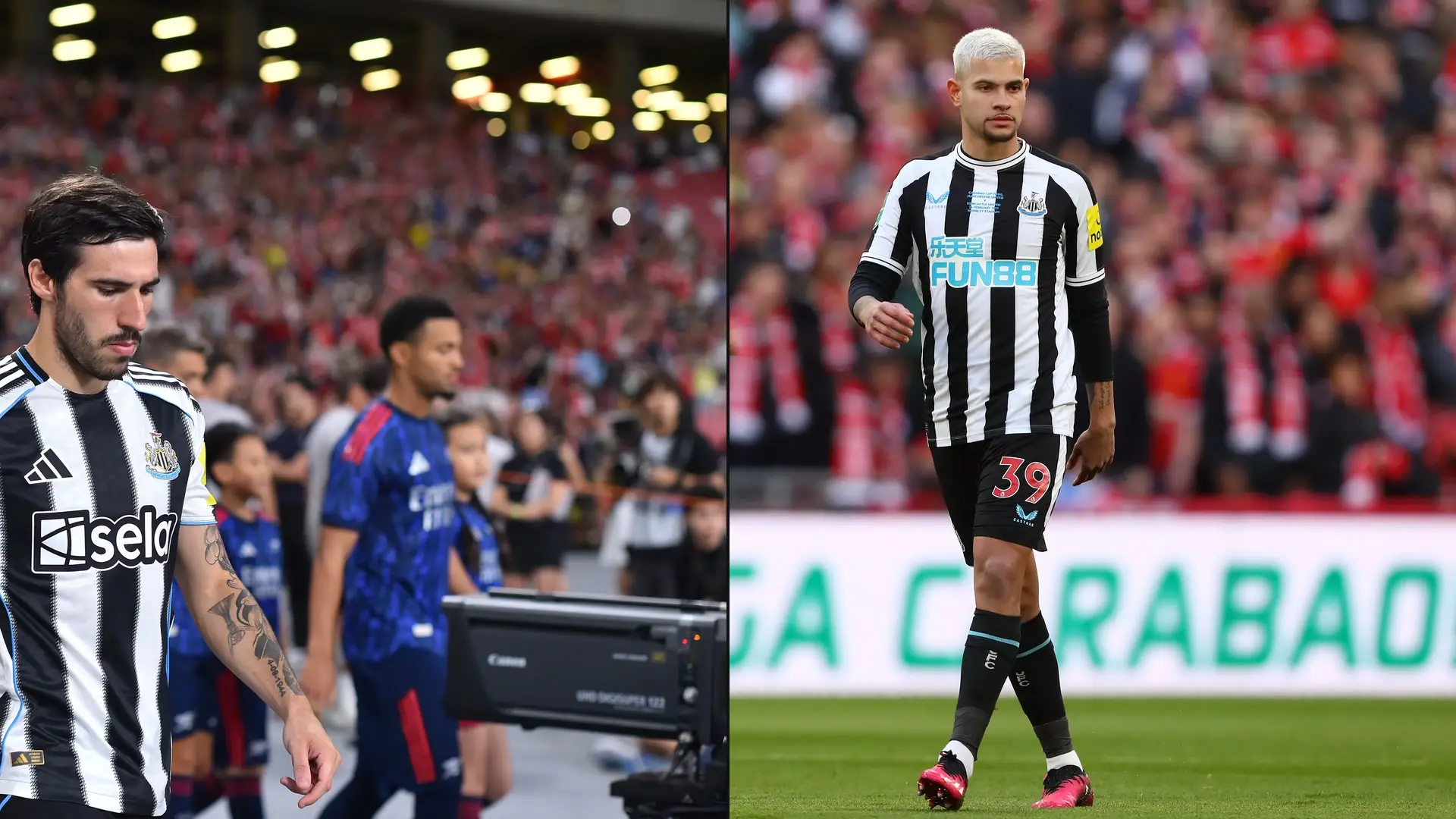 Newcastle United players Sandro Tonali and Bruno Guimaraes before matches