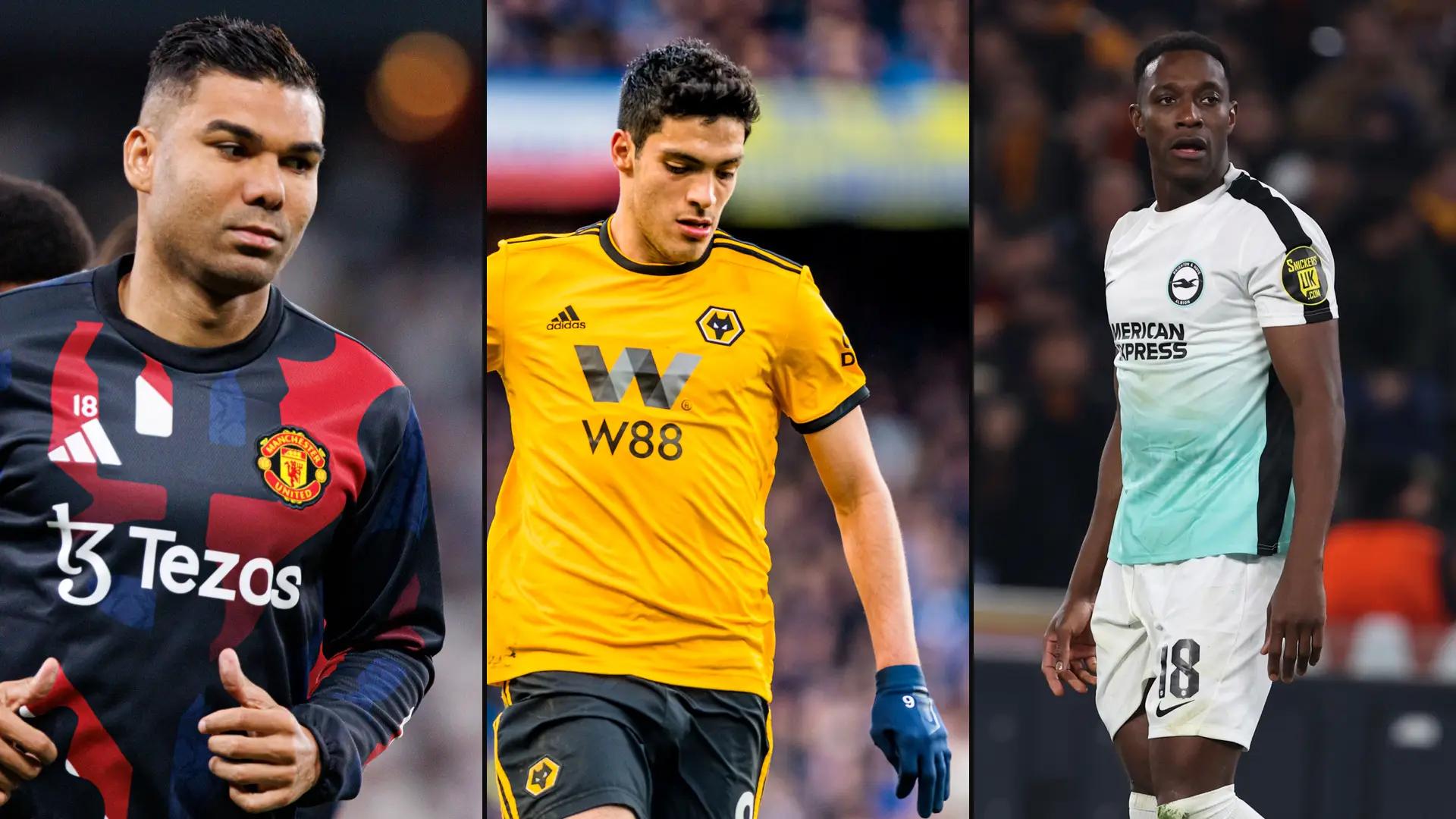 Danny Welbeck, Raúl Jiménez and Casemiro in a three-panel football transfer collage