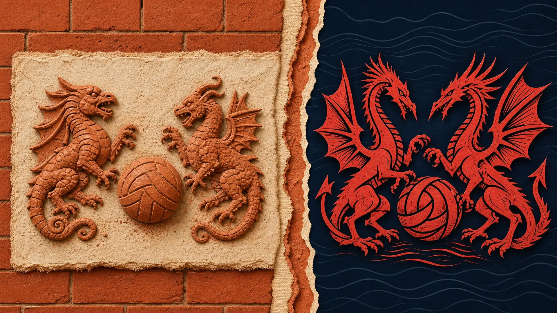 Original editorial artwork of mirrored terracotta dragons and red winged wyverns facing footballs across a split background
