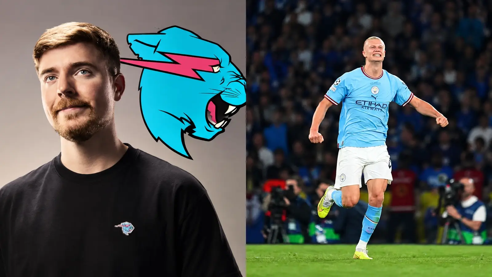 MrBeast beside his logo and Erling Haaland celebrating in a Manchester City kit in a two-photo grid