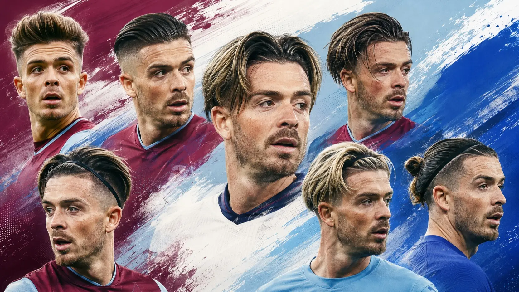 Collage showing Jack Grealish with seven hairstyles from Aston Villa, England and Manchester City