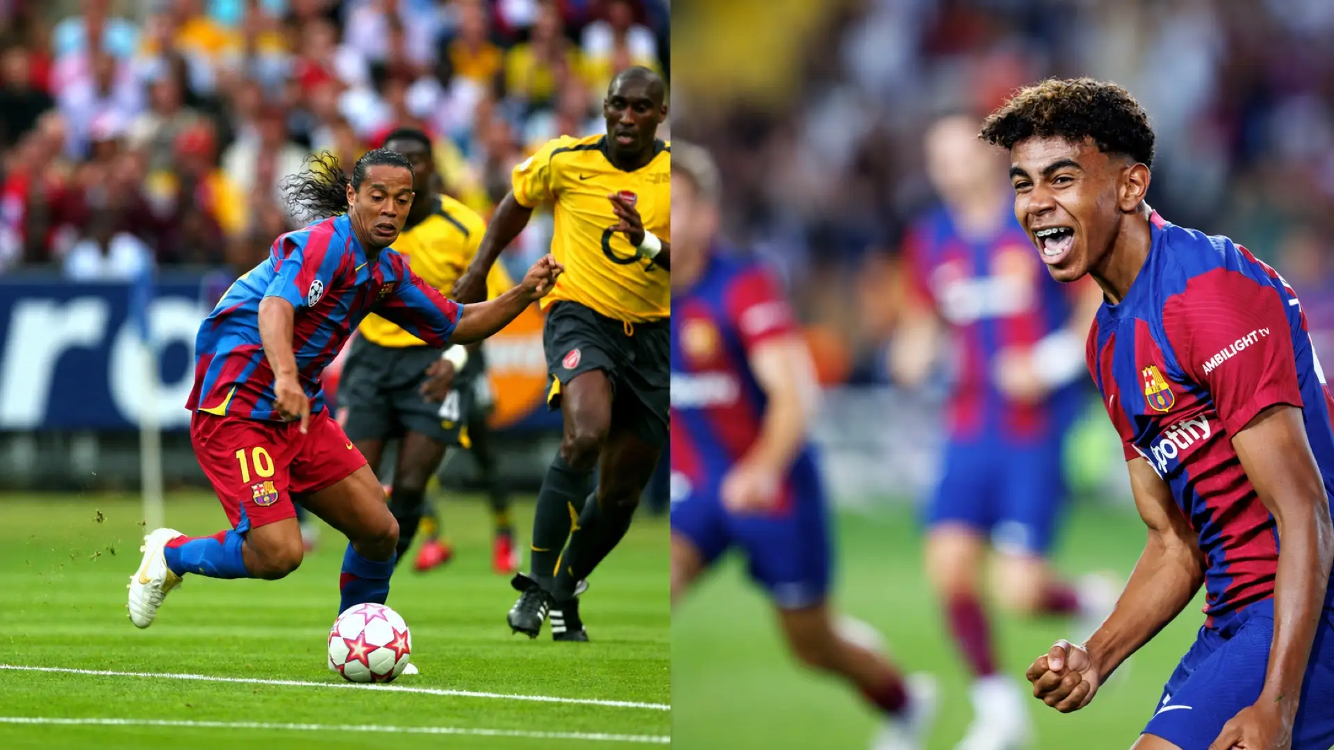 Ronaldinho dribbles for Barcelona beside Lamine Yamal celebrating in a side-by-side photo composite.
