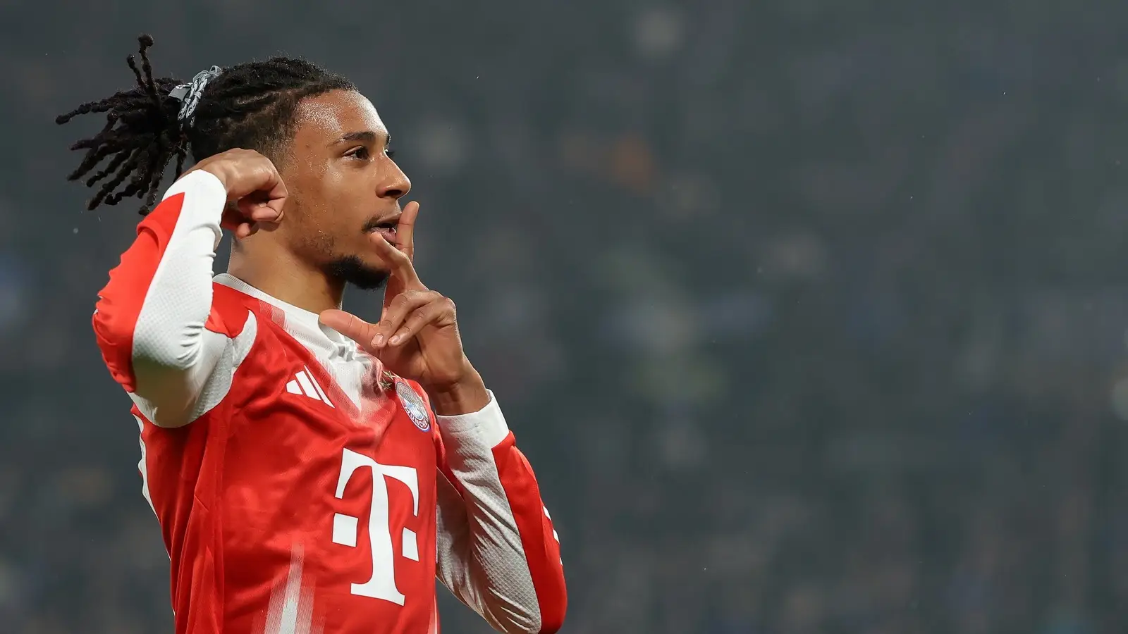 Michael Olise celebrates a goal for Bayern Munich