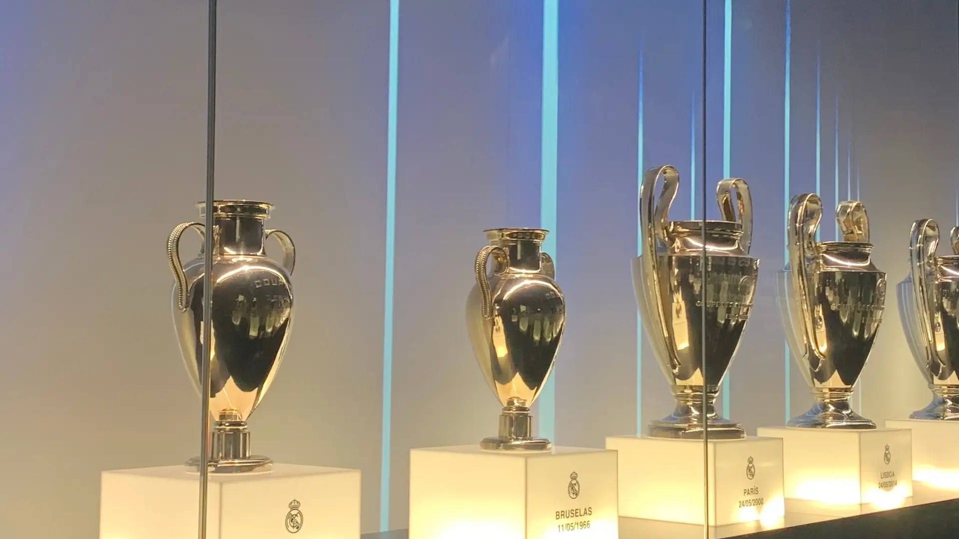 Real Madrid’s European Cups displayed in the trophy corridor at the Santiago Bernabéu