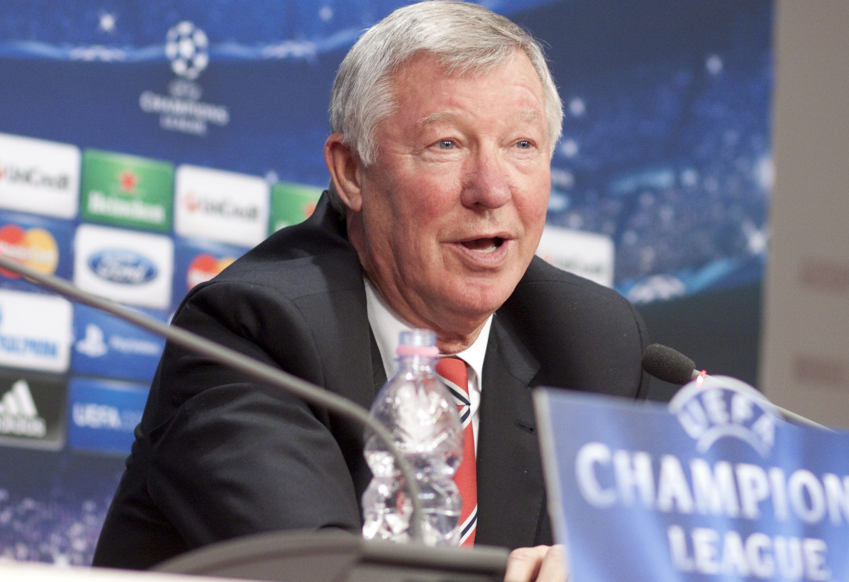 Sir Alex Ferguson speaks at a UEFA Champions League press conference.