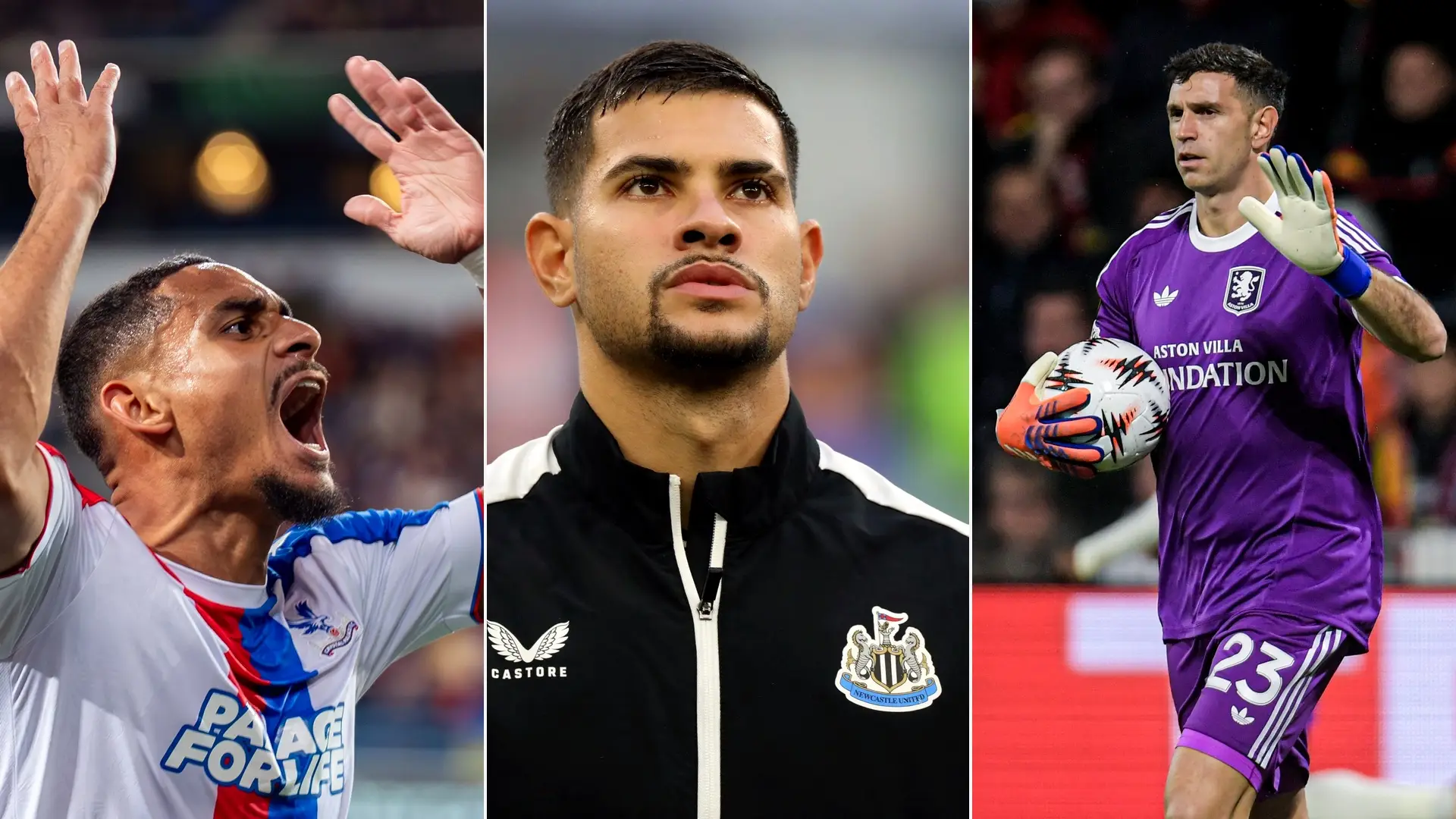 Maxence Lacroix, Bruno Guimarães and Emiliano Martínez in a three-panel Premier League transfer collage
