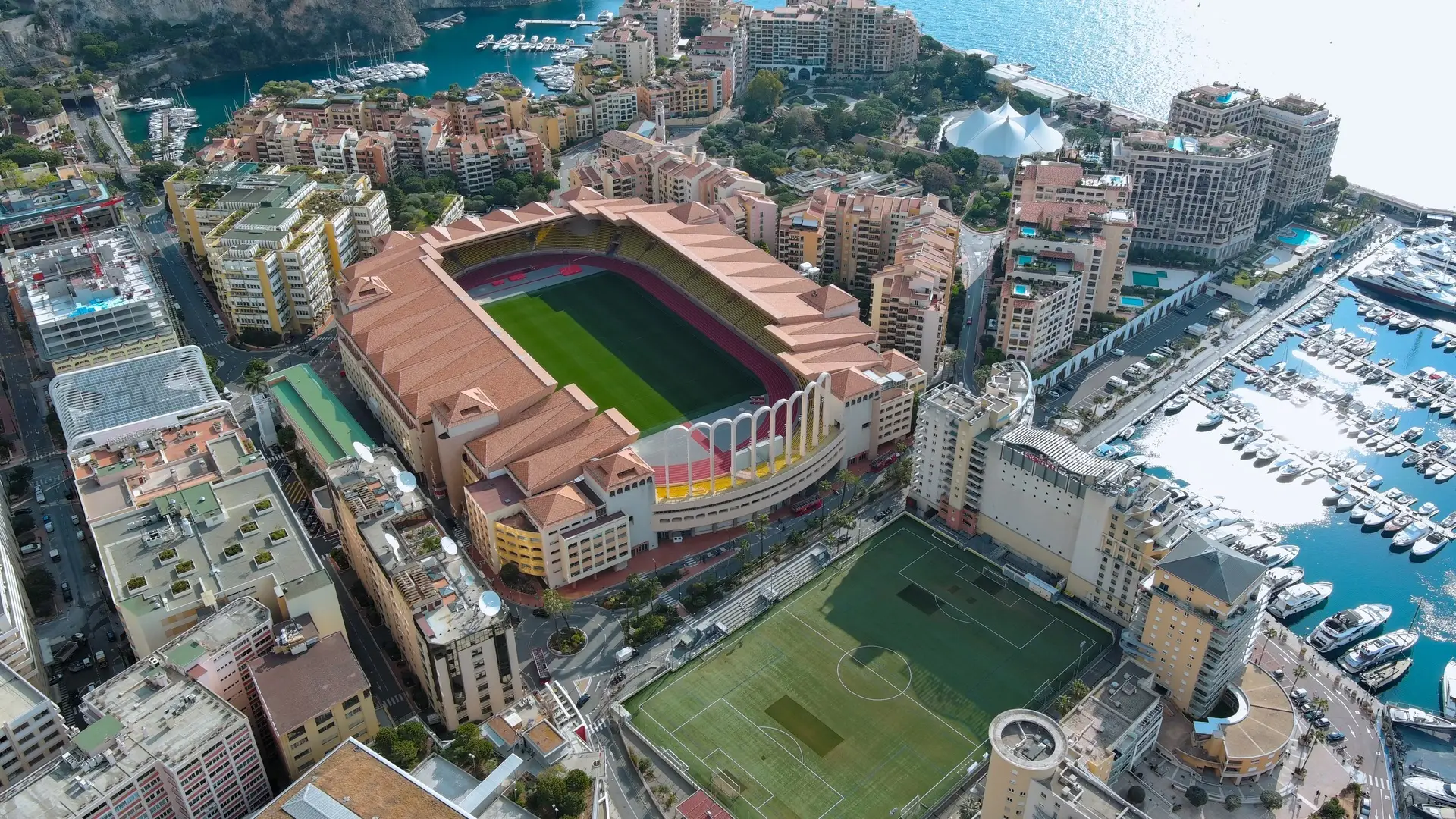 Aerial view of Stade Louis-II and the Fontvieille waterfront in Monaco