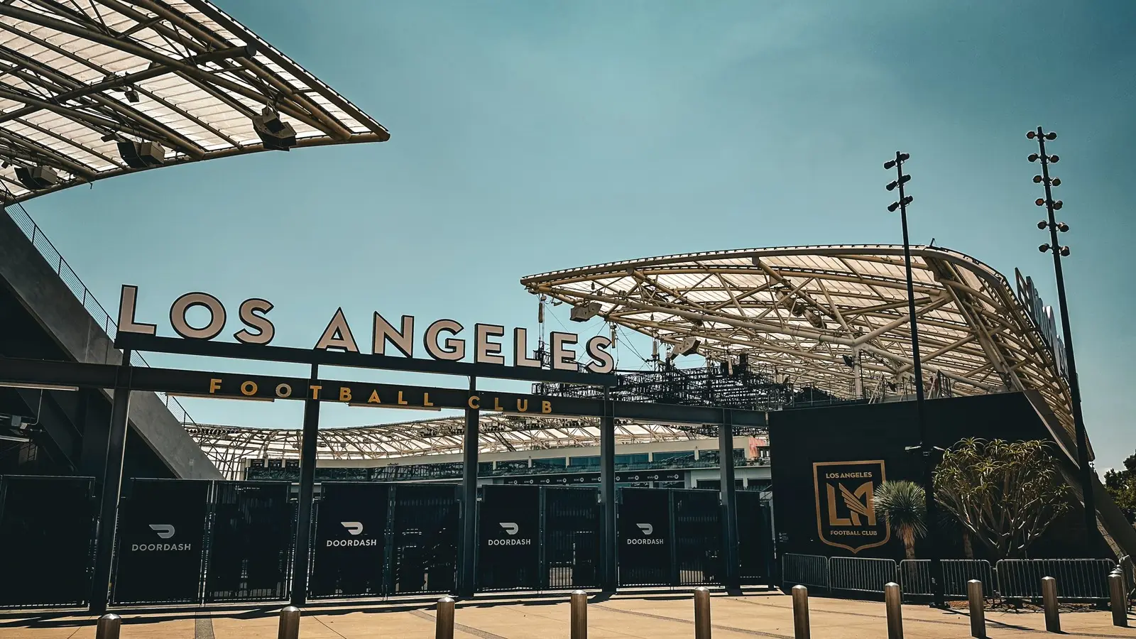 Entrance to BMO Stadium with Los Angeles Football Club signage in Los Angeles