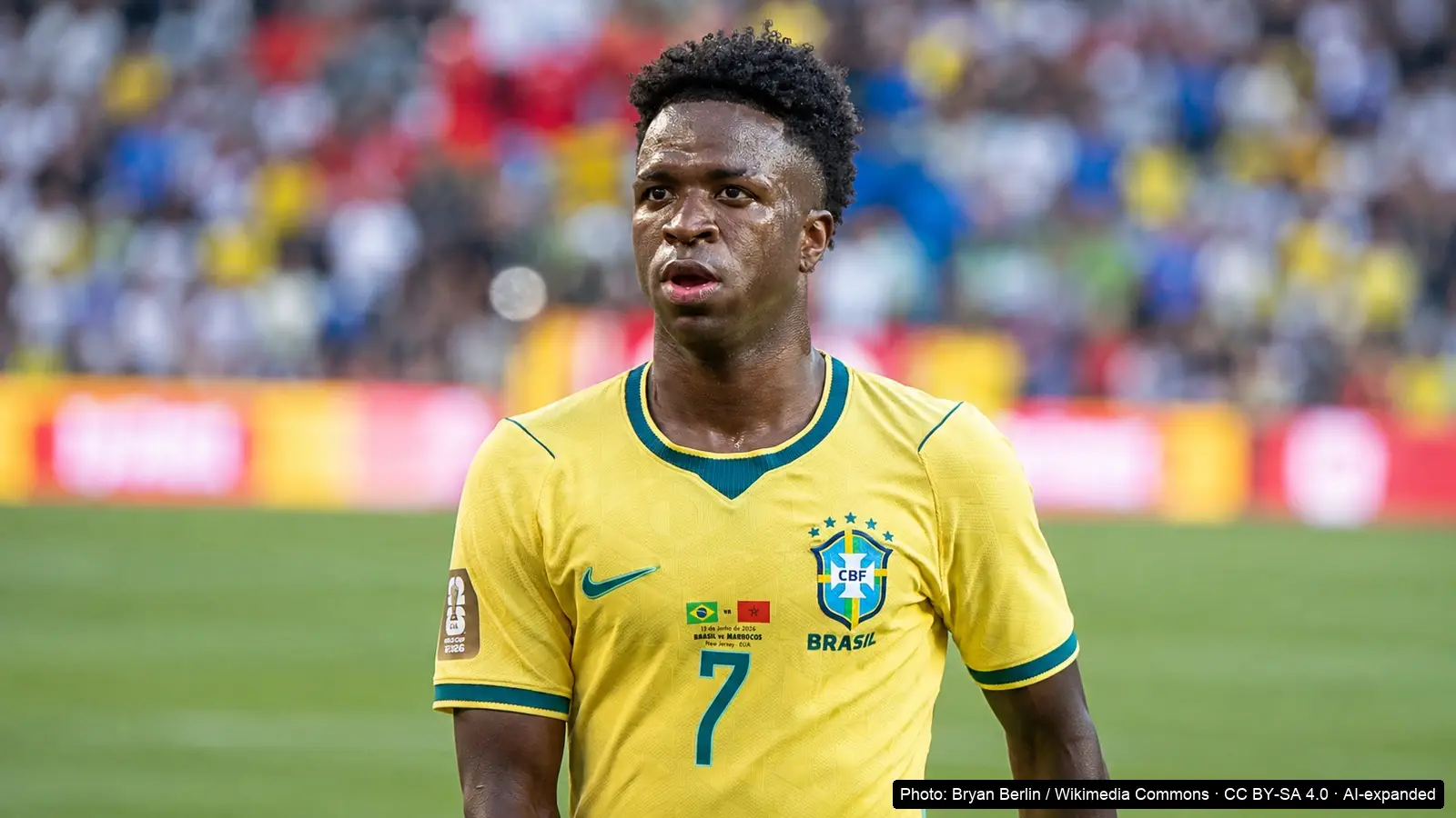 Vinícius Júnior wearing Brazil’s yellow national team uniform on the pitch