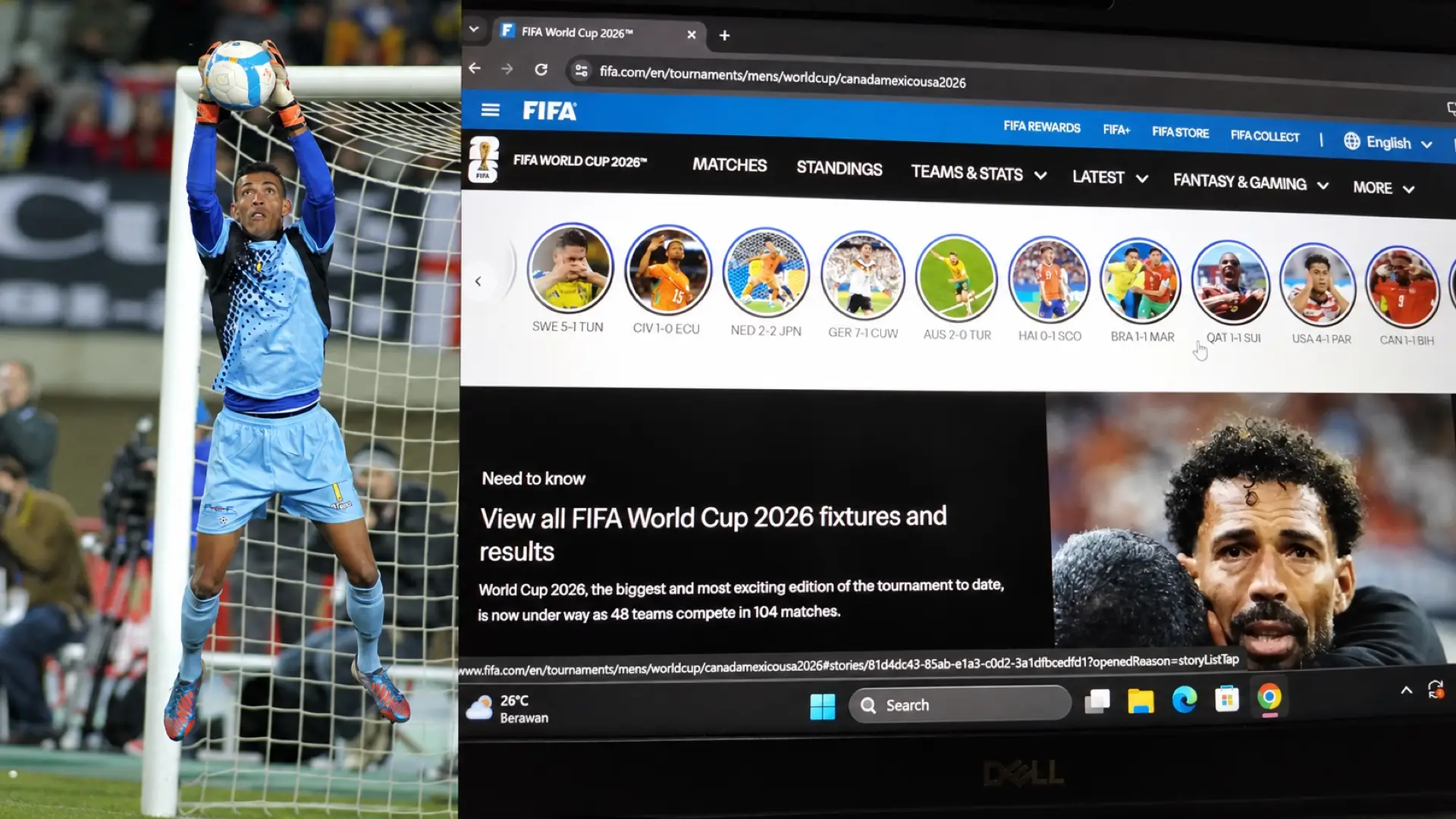 Vozinha catching a ball for Cape Verde beside a screen showing FIFA’s 2026 World Cup website.