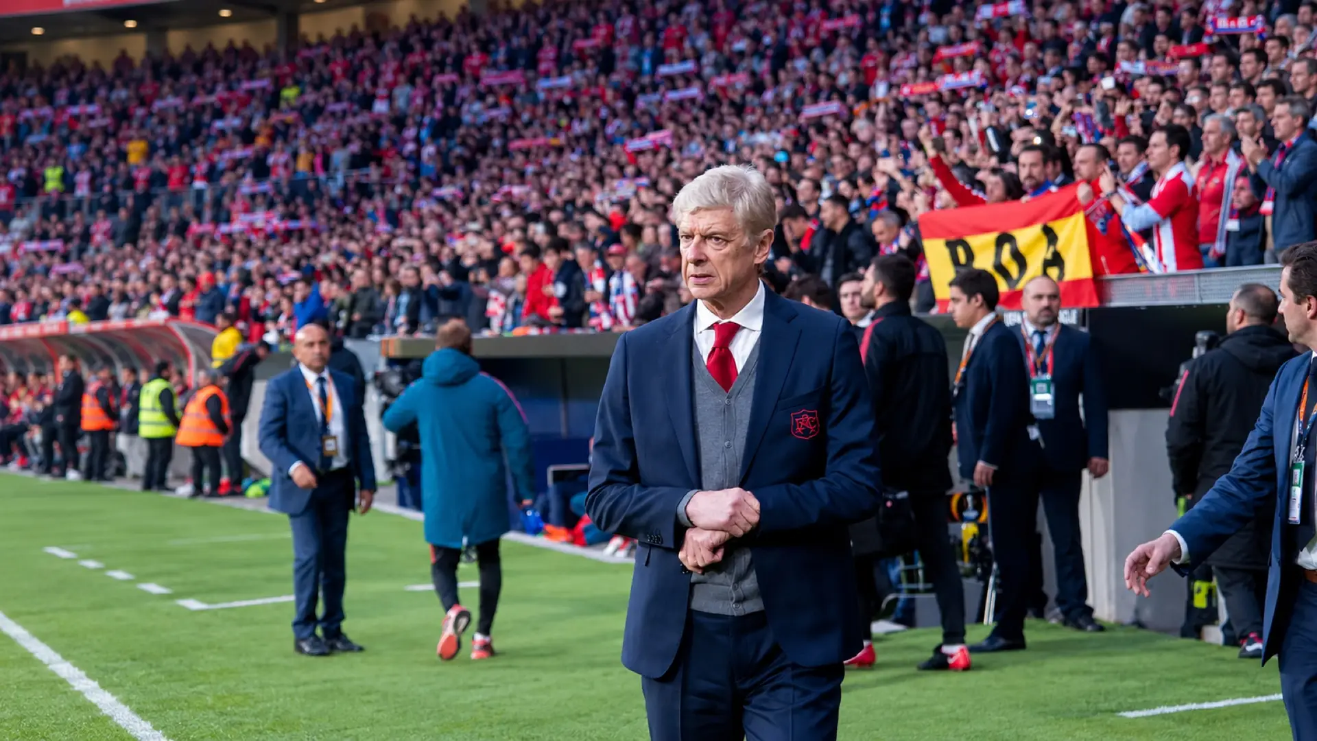 Arsène Wenger in an Arsenal suit and red tie beside the pitch, with supporters in the stands.