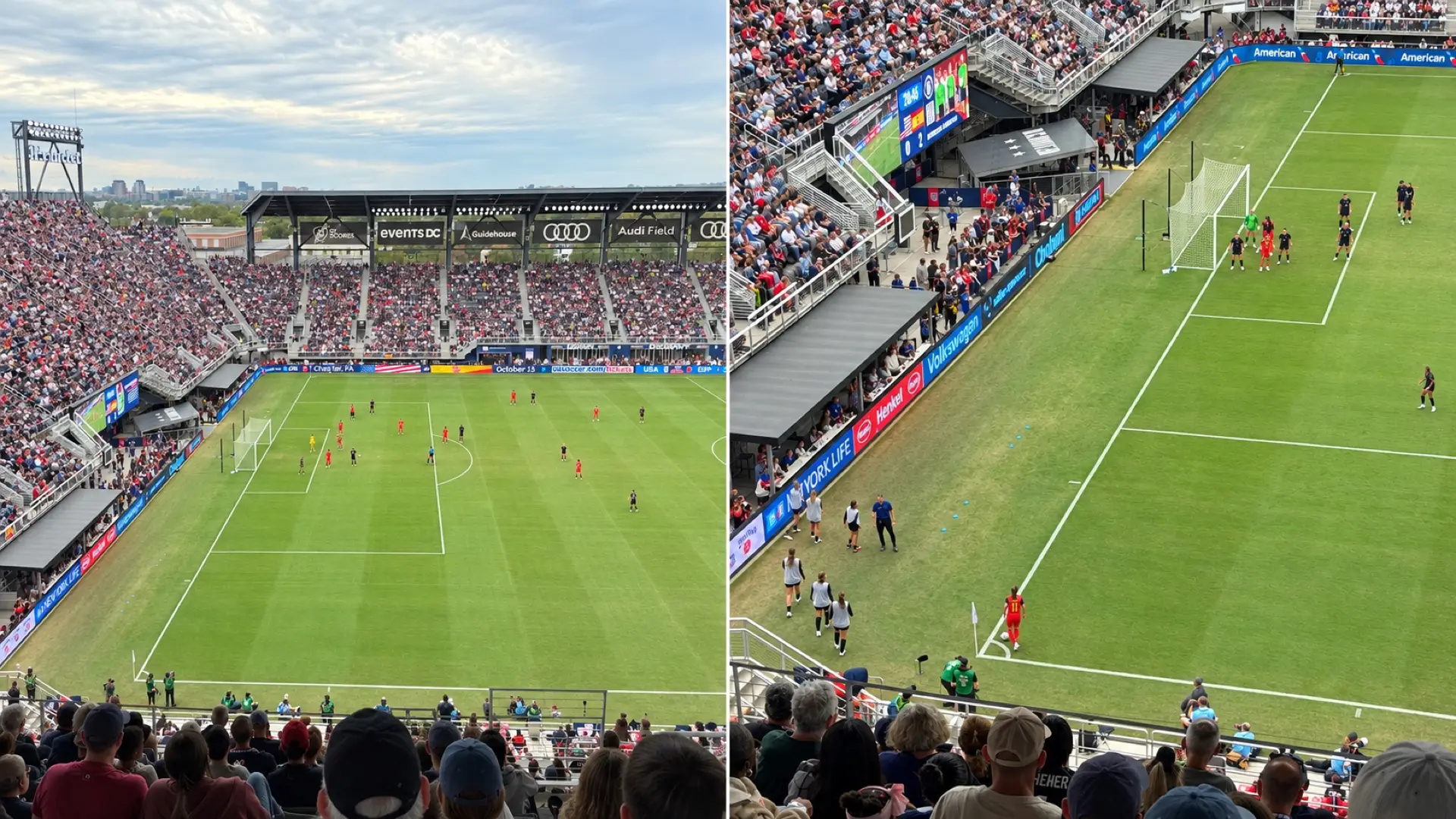 Composite of the USWNT vs Spain match at Audi Field, showing the packed stadium and Spain preparing a corner kick.