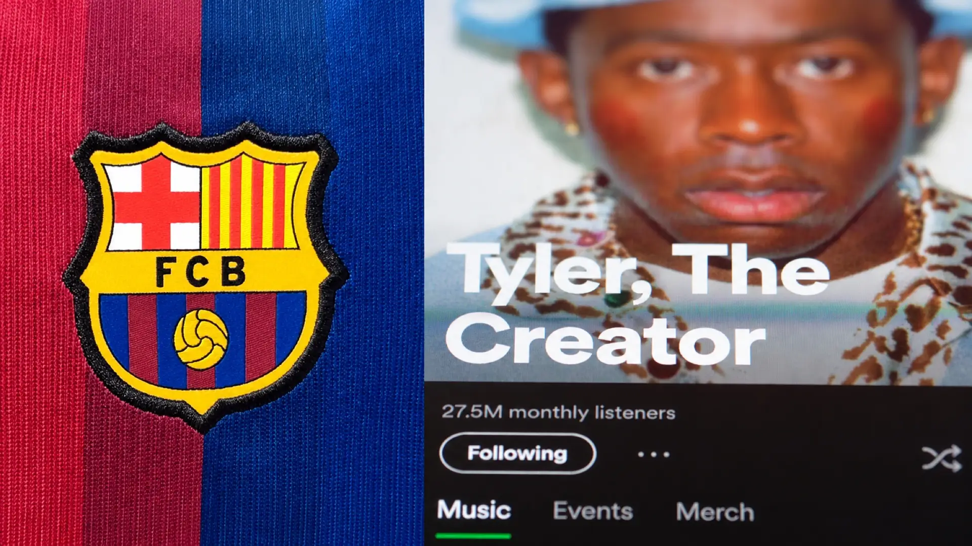 Barcelona crest beside Tyler, The Creator’s Spotify profile for the GOLF El Clásico shirt collaboration