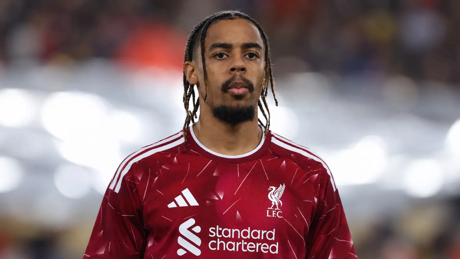 Bradley Barcola depicted in Liverpool’s red 2026/27 home shirt.