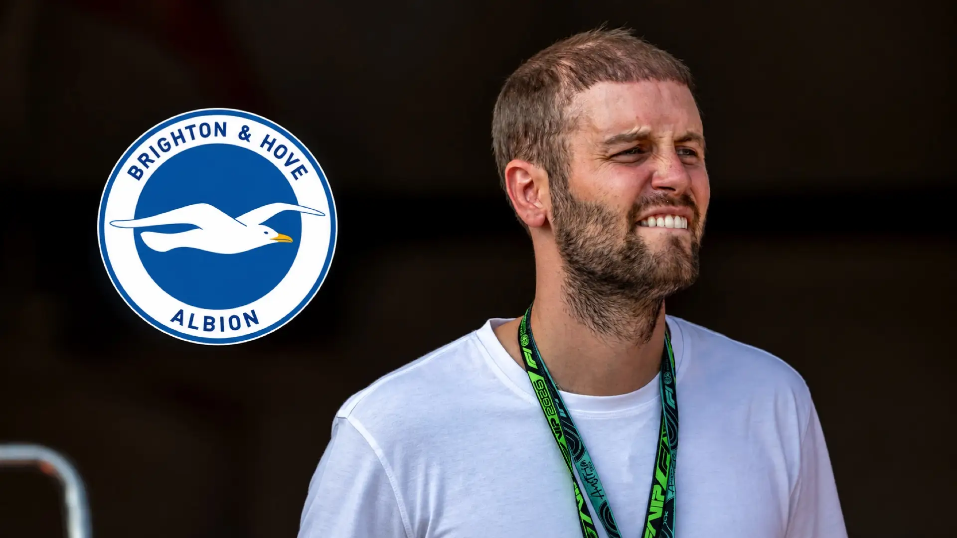 Fabian Hürzeler alongside the Brighton & Hove Albion crest