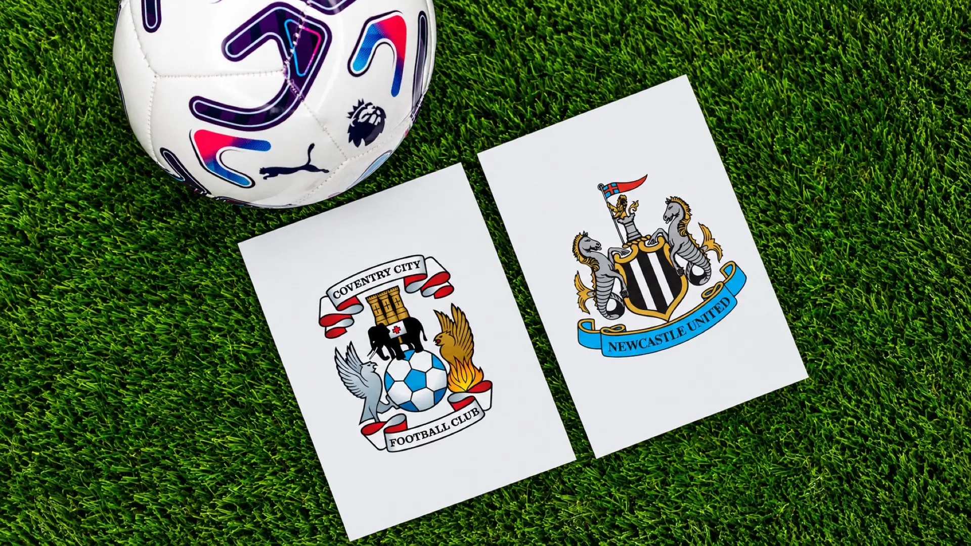 Coventry City and Newcastle United crests beside a Premier League football on green grass