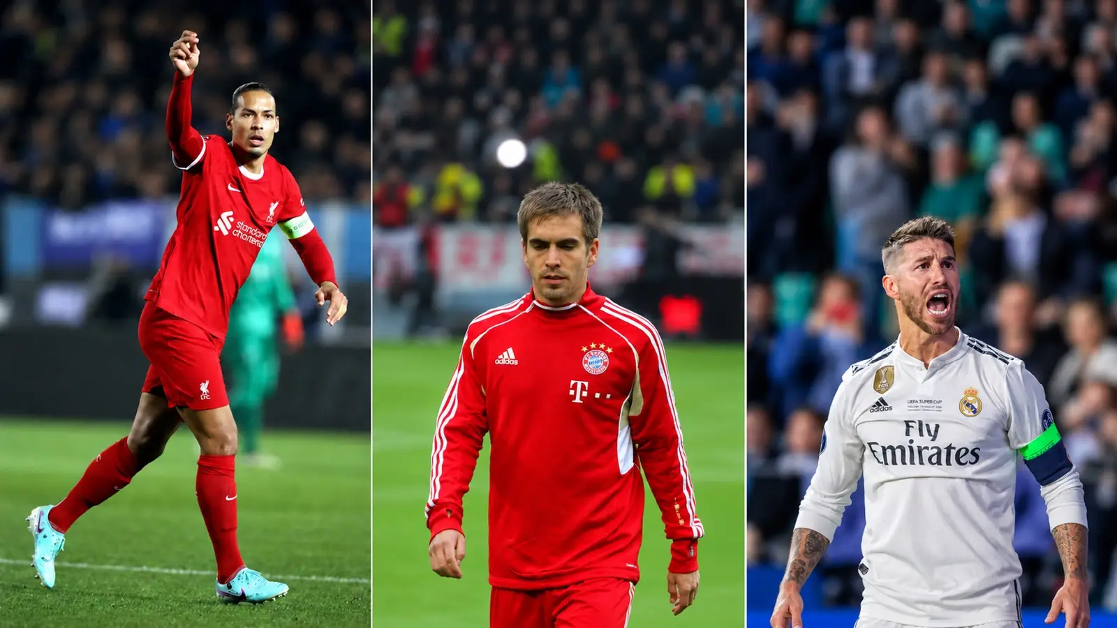 AI-assisted photo montage of Virgil van Dijk, Philipp Lahm and Sergio Ramos, three of the greatest defenders of the 21st century.